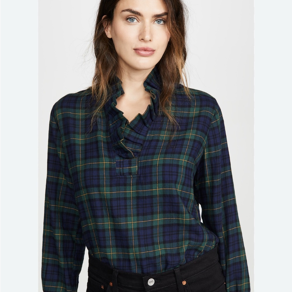 Trovata Navy and Green Plaid Ruffle Collar Blouse